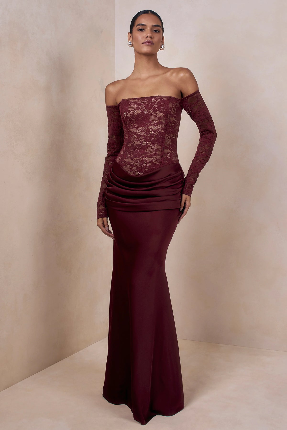 Rinna | Burgundy Lace Bardot-Neck Maxi Dress