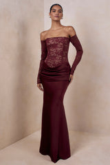 Rinna | Burgundy Lace Bardot-Neck Maxi Dress