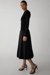 LONG SLEEVE OFF THE SHOULDER BUBBLE HEM MIDI DRESS
