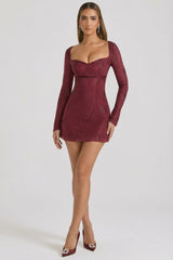 Embellished Sweetheart A-Line Mini Dress in Wine Red