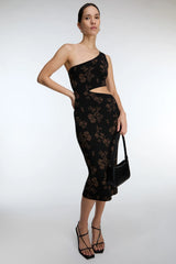 ONE SHOULDER KNIT FLORAL MIDI DRESS WITH CUTOUT