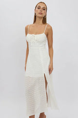 White Midi Dress Gathered Bust Eyelet Fabric