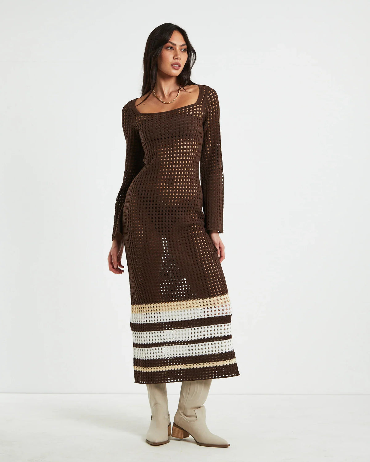 Kimmy Crochet Stripe Midi Dress Chocolate in Brown