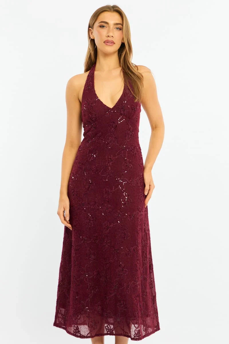 Red Midi Dress Halter Neck