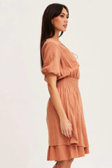 Orange Midi Dress Short Sleeve V Neck