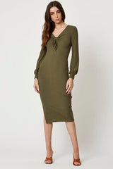 Green Ribbed Drawstring Midi Dress