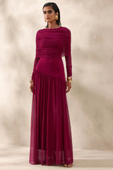 Enalia | Burgundy Mesh High-Neck Maxi Dress With Short-Cape