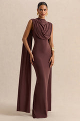 Patrina | Brown High-Neck Maxi Dress With Draped-Detailing And Cape-Sleeves
