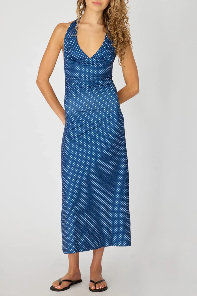 Blue Polka Dot Halter Neck Midi Dress