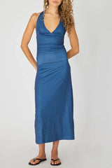 Blue Polka Dot Halter Neck Midi Dress