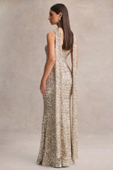 Renelle | Gold Sequin Halter-Neck Maxi Dress