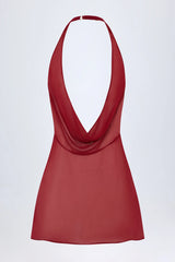 Cowl-Neck Backless Mini Dress in Dark Cherry