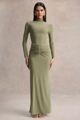Persis | Olive High-Neck Maxi Dress With Gathered Detailing