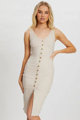 Beige Designer Button Front Jersey Ribbed Midi Dress