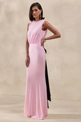 Elladine | Pink Round-Neck Maxi Dress With Lace-Back And Bow-Detail
