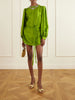 Belted crystal-embellished polka-dot devoré linen and silk-blend mini dress