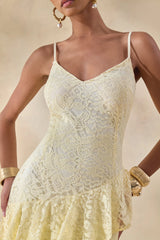 Avelisse | Lemon Lace Plunge-Neck Maxi Dress With Ruffled Detailing