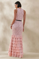 Isoria | Pink And Black Lace Halter-Neck Maxi Dress With Bow-Belt Detail