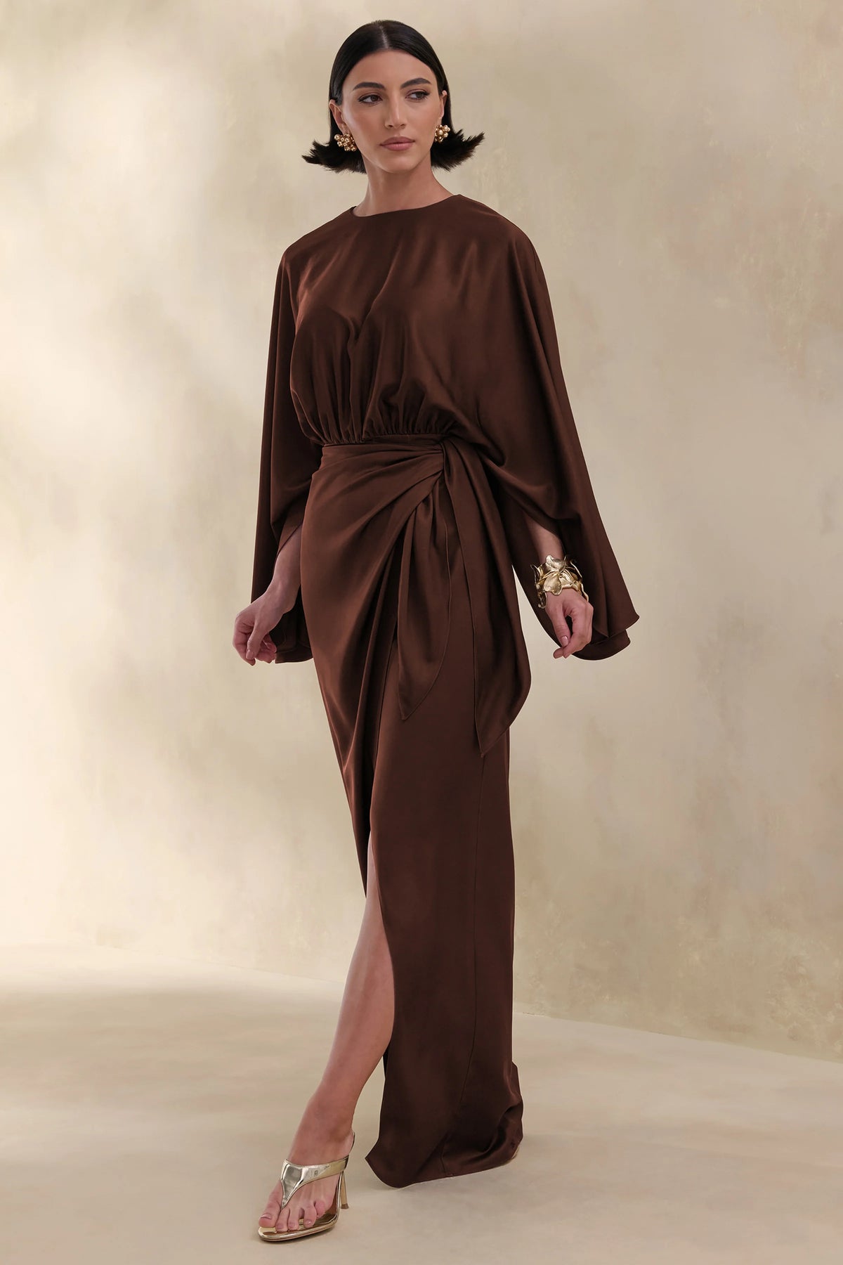 Delphina | Brown Satin Maxi Dress With Gathered And Knot-Detail