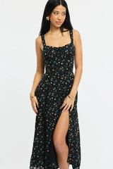 Black Ditsy Midi Dress Gathered Bust