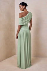 Emberly | Green Draped Asymmetric-Neck Maxi Dress With Drop-Waist