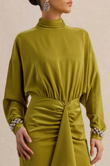 Perla | Olive High-Neck Maxi Dress With Gathered-Detailing