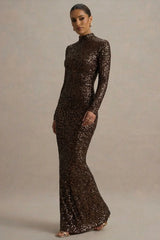 Galaxy | Brown Sequin Turtle-Neck Long-Sleeve Maxi Dress