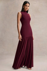 Gigi | Burgundy High-Neck Maxi Dress With Drop-Waist And Sheer Skirt