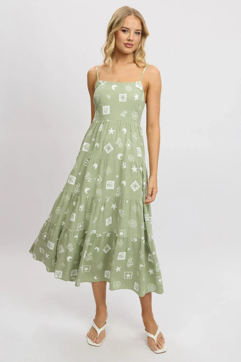 Green Abstract Midi Dress Tiered Strappy