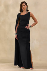 Evalette | Black Asymmetric-Neck Maxi Dress With Cape-Sleeve