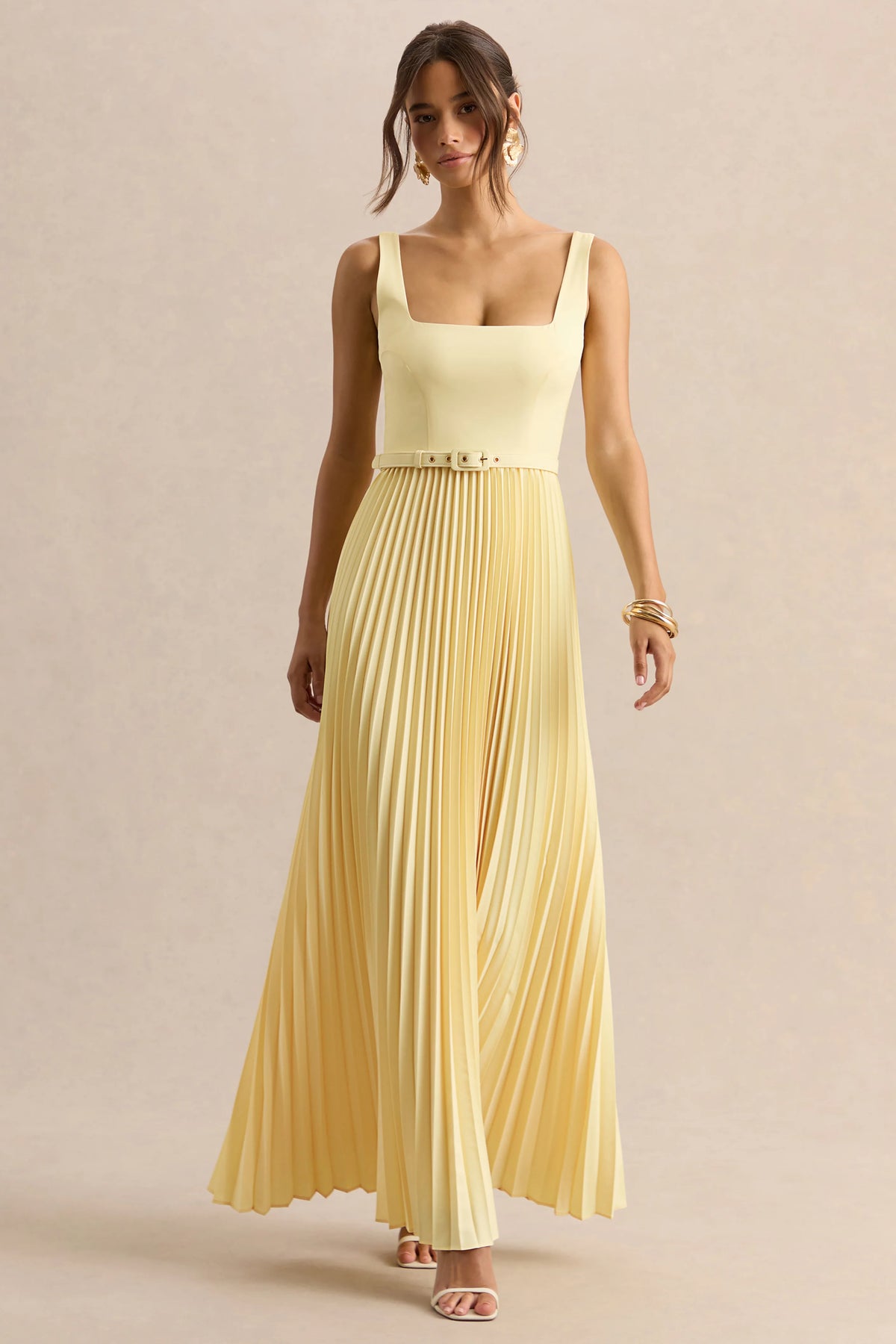 Danika | Lemon Square-Neck Belted Maxi Dress With Pleated Skirt
