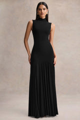 Gigi | Black High-Neck Maxi Dress With Drop-Waist And Sheer Skirt