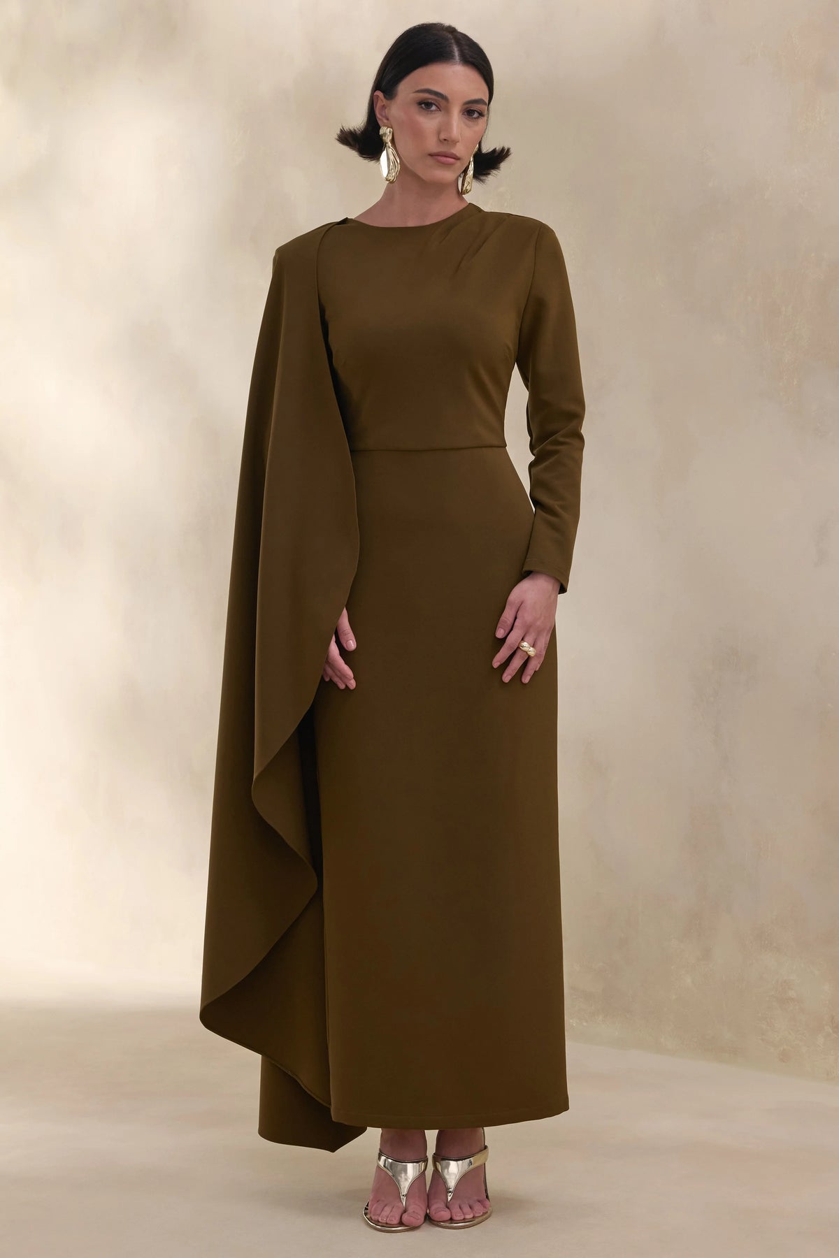 Jovea | Olive Round-Neck Maxi Dress With Cape-Sleeve