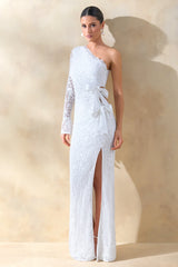 Norna | White Lace Asymmetric-Neck Maxi Dress With Cut-Out And Bow Details