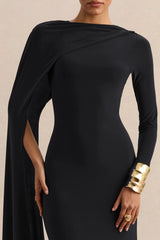 Halina | Black High-Neck Maxi Dress With Cape-Sleeve