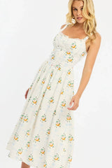White Floral Midi Dress Gathered Bust Lace Trim