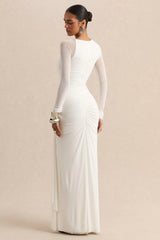 Rimena | White Asymmetric-Neck Maxi-Dress With Gathered Detailing And Mesh Long-Sleeves