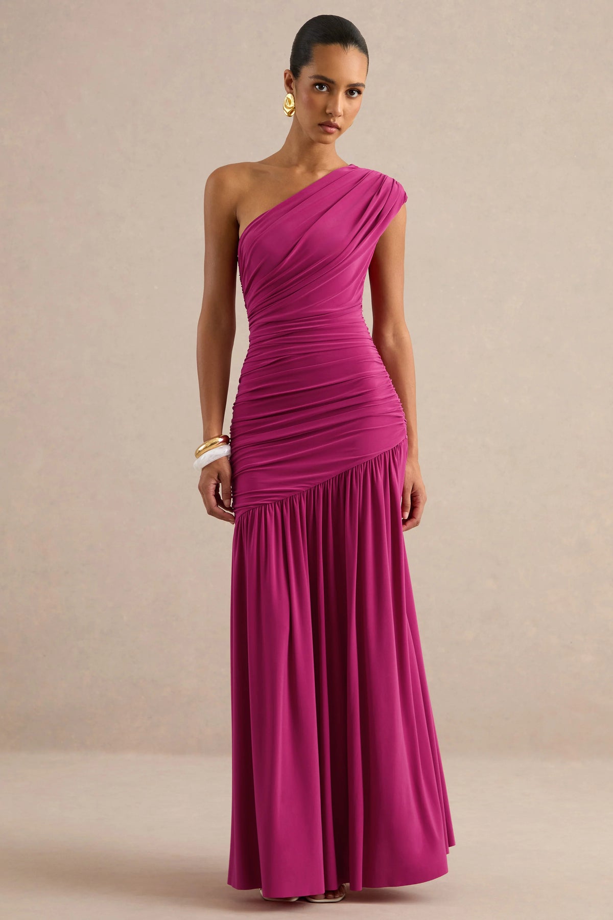 Alaya | Hot Pink Asymmetric-Neck Maxi Dress With Drop-Waist