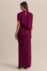 Lunaline | Burgundy High-Neck Maxi Dress With Asymmetric Cape And Draped-Detailing