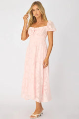 Pink Midi Dress Puff Sleeve