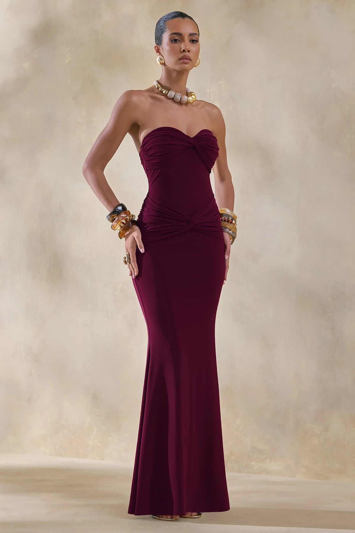 Elodia | Burgundy Bandeau Maxi Dress With Gathered-Detailing