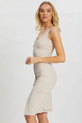 Beige Designer Button Front Jersey Ribbed Midi Dress