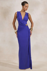 Nalina | Blue Plunge-Neck Maxi Dress With Gathered Detailing And Gold Detail