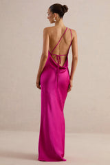 Kamalyn | Hot Pink Satin Asymmetric-Neck Maxi Dress