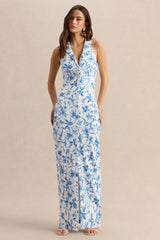 Quinn | Blue Porcelain Print Plunge-Neck Tailored Maxi Dress