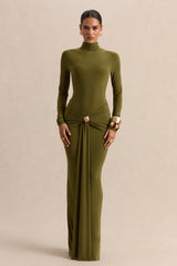 Ambrette | Olive High-Neck Maxi Dress With Gathered-Detailing