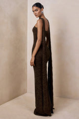 Massima | Brown Lace Bandeau Maxi Dress With Scarf-Detail