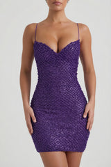 Embellished Sweetheart-Neck Mini Dress in Purple