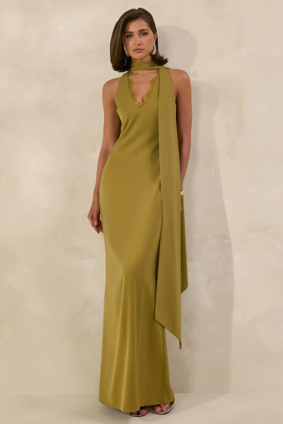 True Icon | Olive Satin High-Neck Maxi Slip Dress With Sash