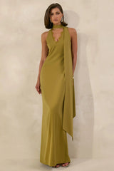 True Icon | Olive Satin High-Neck Maxi Slip Dress With Sash